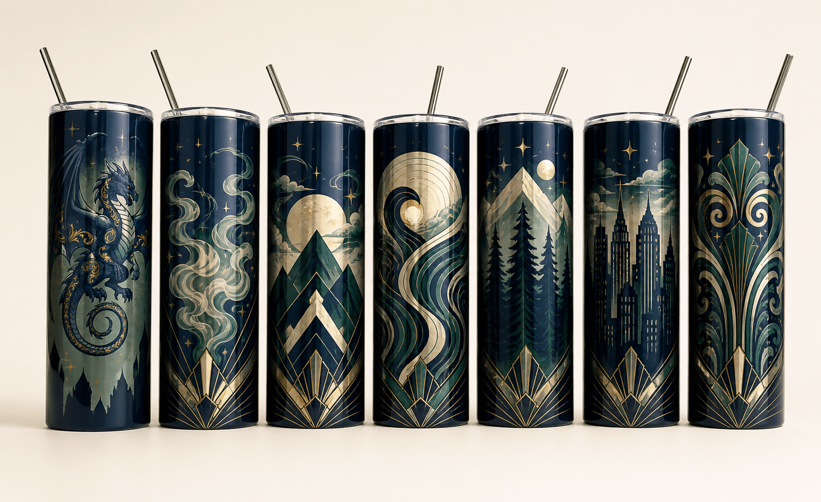 Coordinated group of custom tumbler design concepts arranged together on a warm studio background.