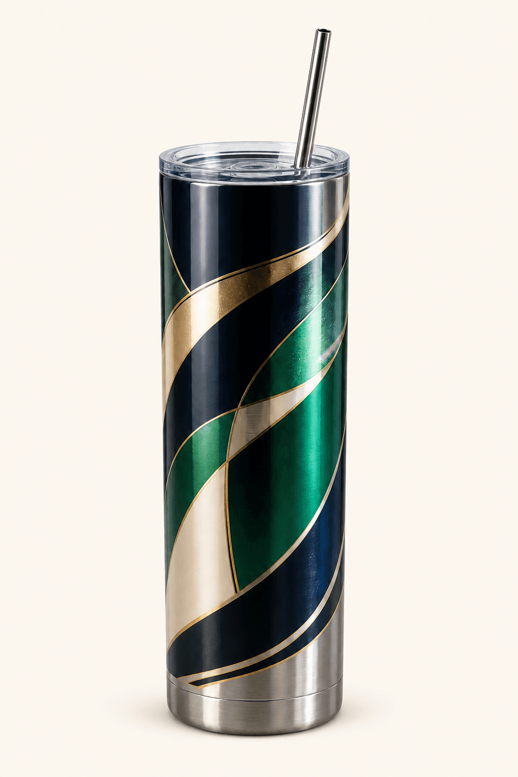 Navy, emerald, ivory, and gold custom tumbler with a clear lid and straw on a warm studio background.