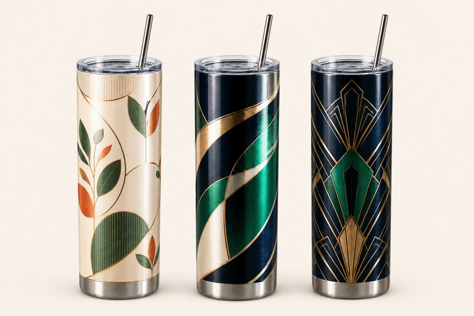 Three custom tumbler design concepts in botanical, geometric, and art deco styles on a warm studio background.
